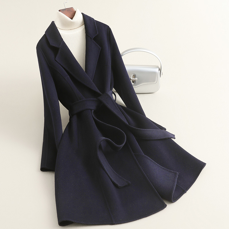 春の新作ハイエンド小柄コート女性用ミドル丈両面ゼロカシミアウエストウールウールコート女性用