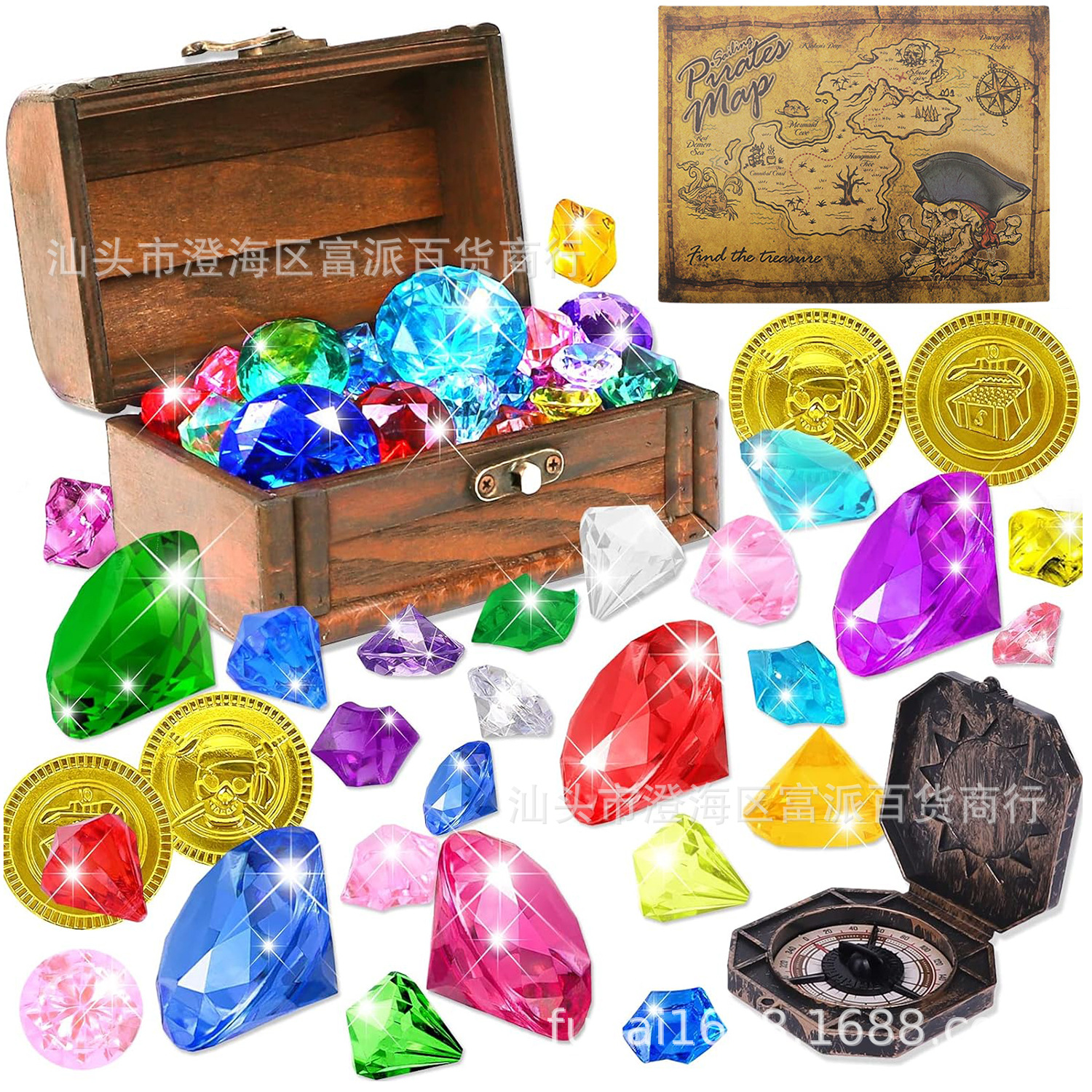 跨境海盗宝藏百宝箱软胶海洋宝石儿童泳池潜水寻宝游戏套装玩具