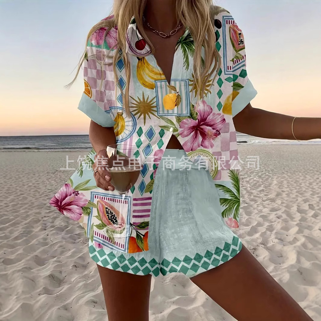 Four-Way Stretch Amazon European and American Cross-Border Fashion Women's Printed Loose Short-Sleeve Shirt Short Pod One-Piece Customization