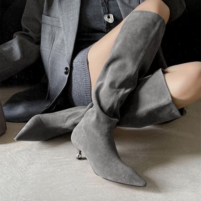 New Pointed Toe Mid-Heel French Stiletto Pleated Suede Slouch Boots Versatile New Knee-High Boots Long Boots for Women New Pointed Toe Mid-Heel French Stiletto Pleated Suede Slouch Boots Versatile New Knee-High Boots Long Boots for Women
