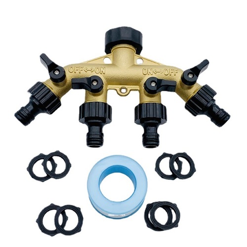 花园黄铜四通分流器园林户外水软管四口分水器接头灌溉浇水分流阀