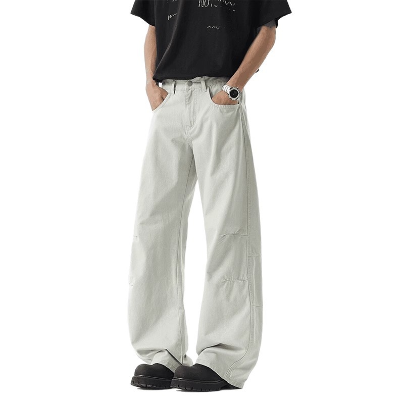 Retro American Military Green Work Jeans for Men in Summer with Pleated Design Pants, Loose Straight Wide-Leg Trousers