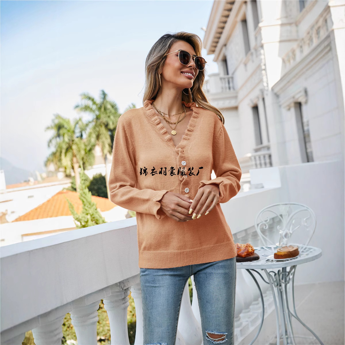 Suéter de Punto con Botones y Cuello en V con Volantes, Estilo Europeo y Americano, Nuevo para la Primavera de 2025, Comercio Exterior Transfronterizo, Venta al por Mayor para Mujer