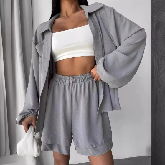 2024 Amazon Cross-border Spring and Summer European and American Women's Long Sleeve Top Ruffled Shorts Casual Fashion suit Women
