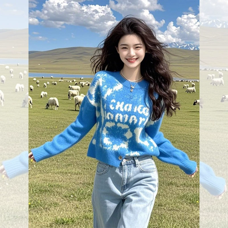 2024 новая ранняя осень ленивый ветер носить маленький синий свитер вязаный кардиган куртка женский весенний и осенний топ