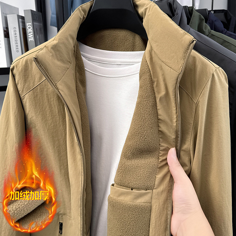 男士户外加绒防风外套2025秋冬新款立领拉链加厚款夹克休闲上衣男