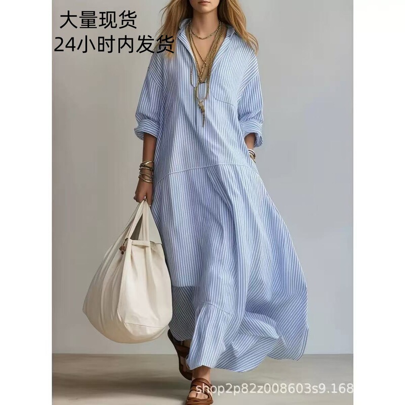 European and American Independent Websites Amazon Aliexpress 2026 Spring New Women's Casual Striped Loose Long-Sleeve Dress