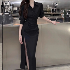 秋季新品法式高级感翻领单排扣衬衫连衣裙女气质