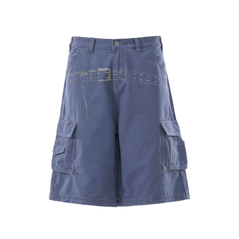 Nb353 American High Street Style Unisex High-End Workwear Blue Printed Design Men's Loose-Fitting Three-Quarter Length Cargo Shorts