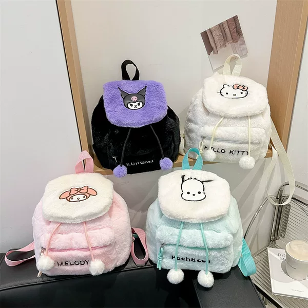 New Sanrio Plush Backpack Cartoon Kuromi Melody Cute Backpack for Women Sweet School Bag Doll Bag