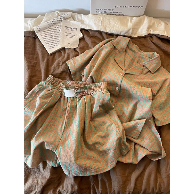 High-End Striped Pajamas for Women, Summer Short-Sleeve Set, Cloud Cotton, Korean Style Loungewear, Can Be Worn Outside, Cross-Border Wholesale High-End Striped Pajamas for Women, Summer Short-Sleeve Set, Cloud Cotton, Korean Style Loungewear, Can Be Worn Outside, Cross-Border Wholesale