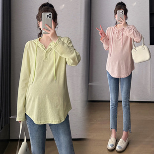 Real shot in stock 2024 spring and summer New pregnant women Korean casual sweet loose hooded T-shirt fashion mom