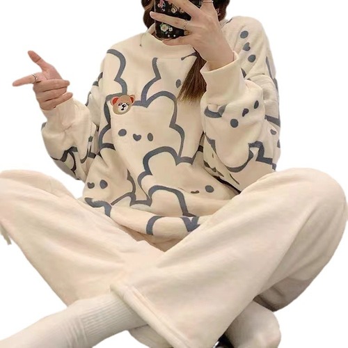 Women's Flannel Pajama Set Direct Factory Sale Autumn/Winter Warm Sweet Coral Fleece Cross-border Homecoming Wear