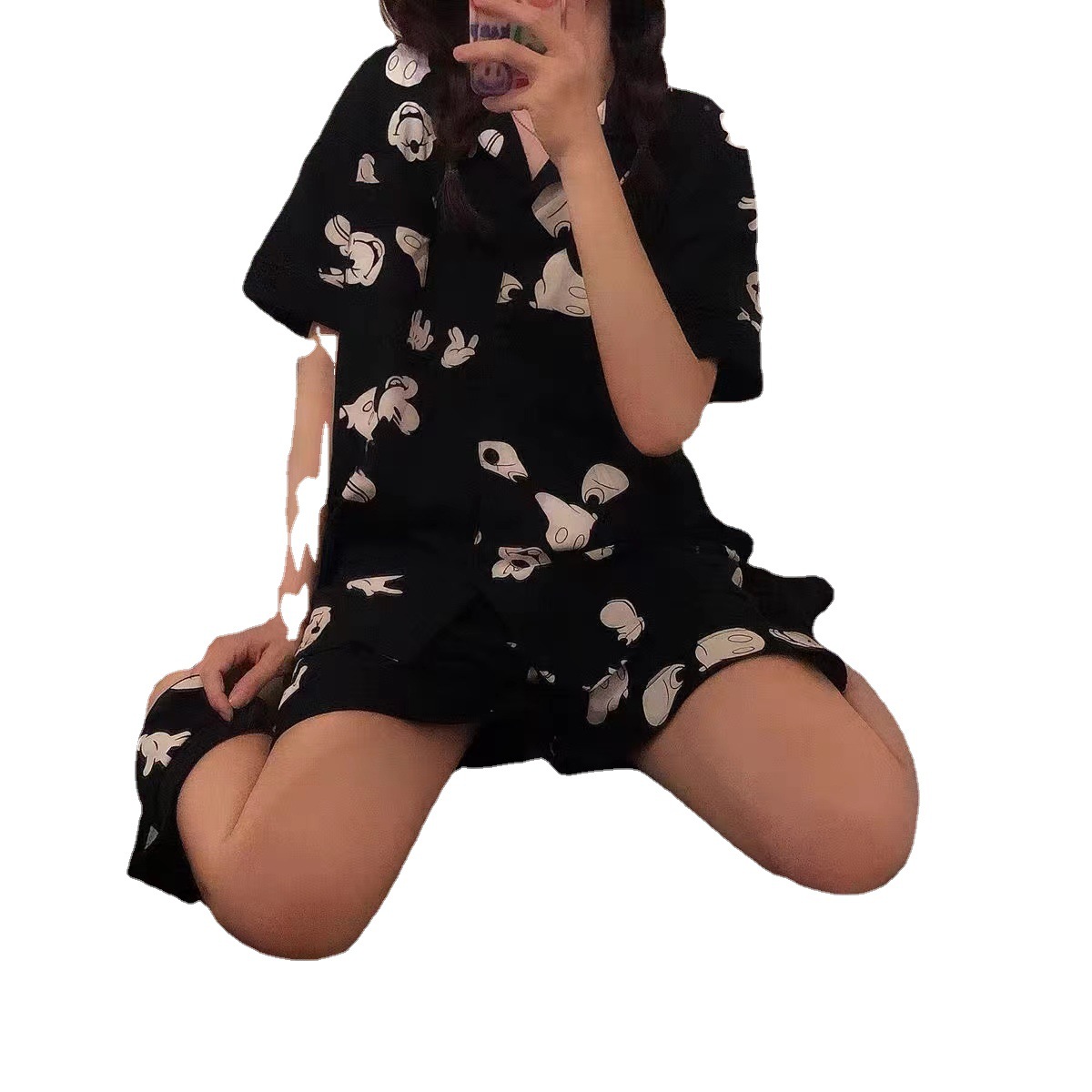 Corea del Sur al aire libre negro Mickey cardigan pijamas mujeres verano ins estilo manga corta de dos piezas traje de desgaste para el hogar