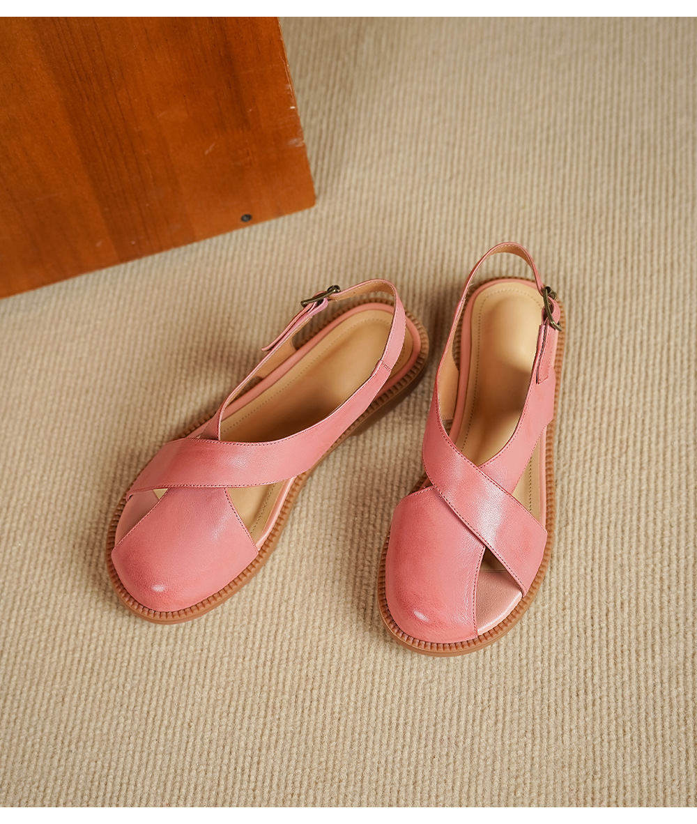 Dép sandal nữ quai chữ V đơn giản da bò mềm đế bệt — màu hồng chi tiết 10