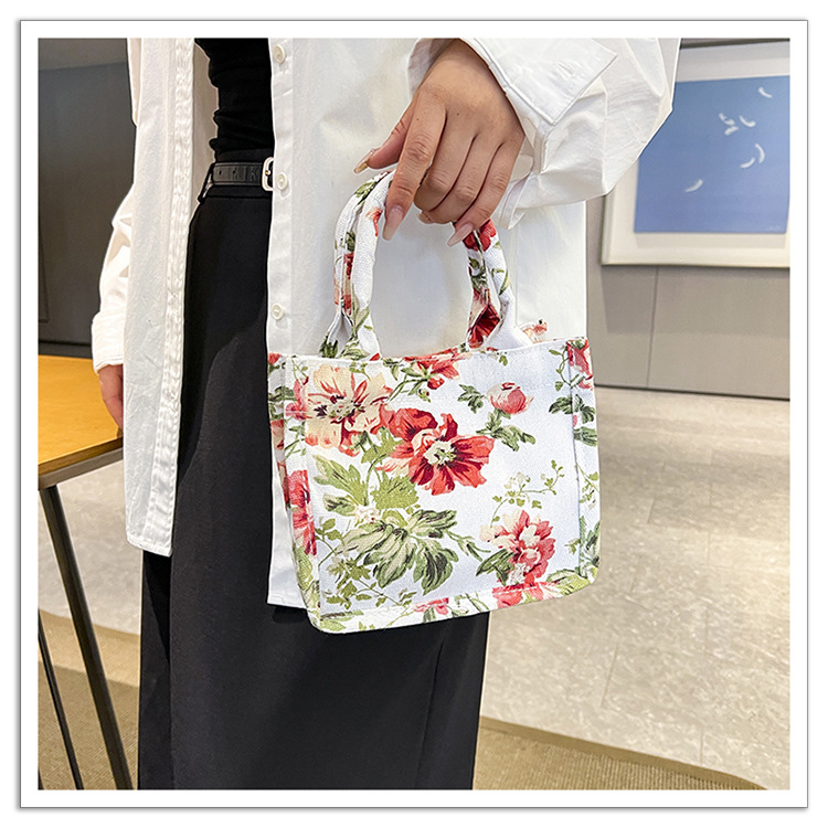 105g Weight Sewing Thread Fashion Element Magnetic Buckle Closure Type Double Handle Strap Type Handbag Bags Type Holiday, Daily Occasion Canvas Material Women's Backpack Backpack Flower Pattern All Seasons Season Women's Gender Elegant Style Square Shape Women's Canvas Flower Elegant Sewing Thread Square Magnetic Buckle Handbag 2