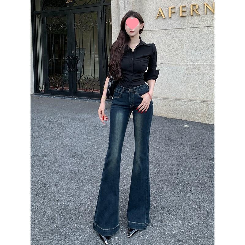 蓝灰色微喇牛仔裤女中低腰2025年夏季新款弹力修身显瘦喇叭长裤|undefined