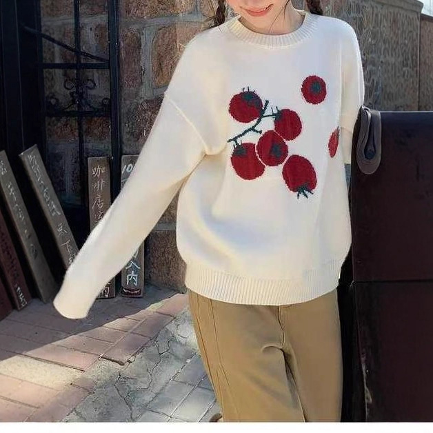 2025 suave tomate nuevo Jacquard de cuello redondo suéter de punto otoño y invierno coreano casual suave blusa de moda image 5
