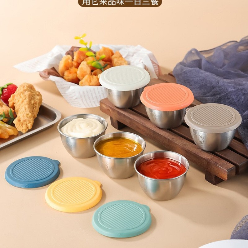 304 Stainless Steel Dipping Dish with Leak-Proof Silicone Lid, Sauce Cup for Kitchen Use, Seasoning Sauce, Soy Sauce Small Dish