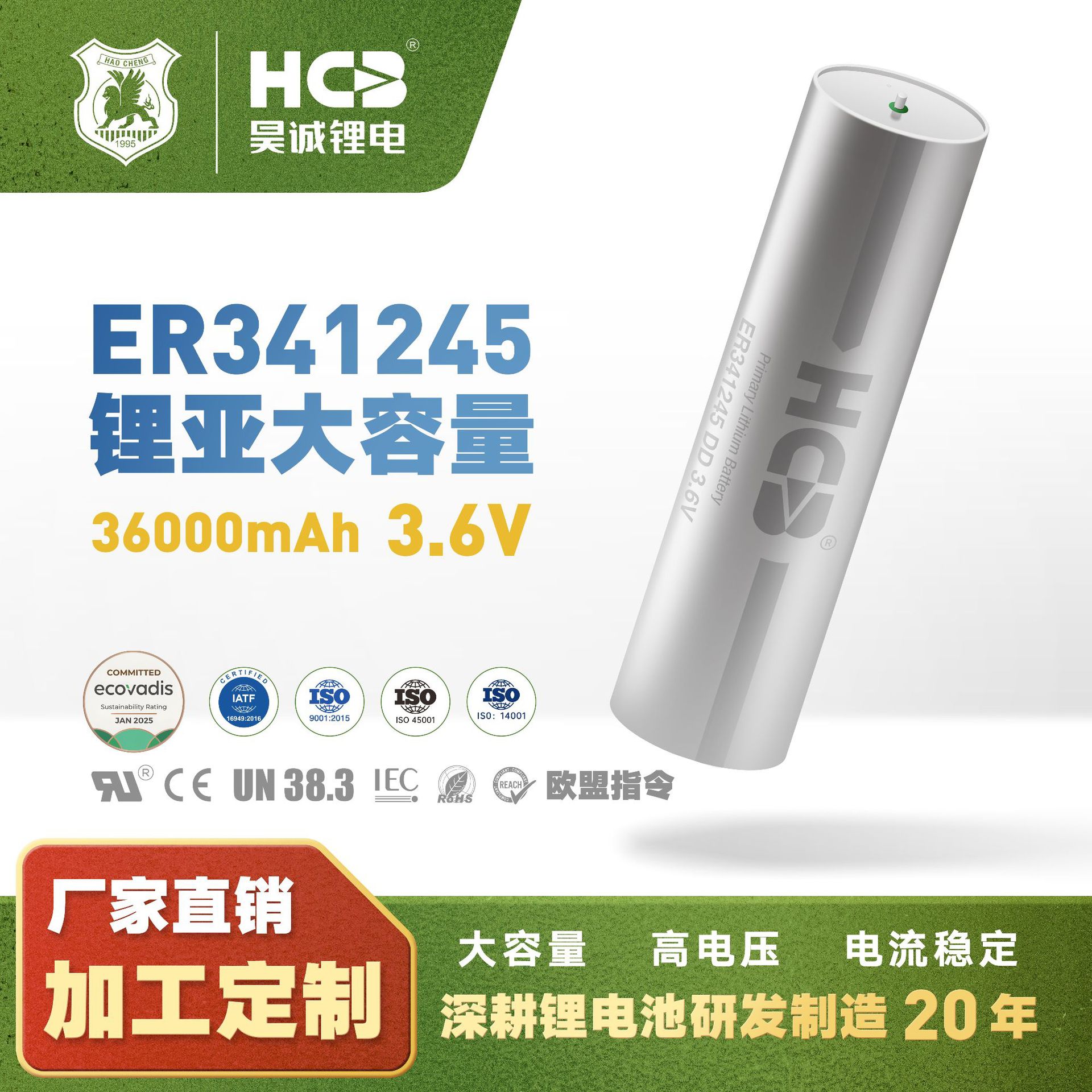 昊诚锂原电池ER341245水电表物联网深海设备极端环境监测DD型3.6V