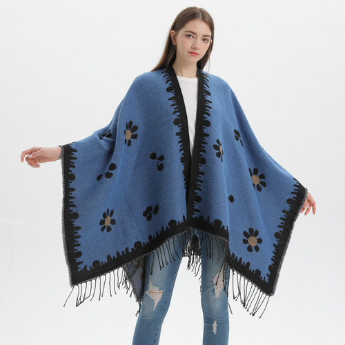 Korean fashion autumn and winter shawl new style small fresh flower knitted cardigan tassel slit warm outer cape