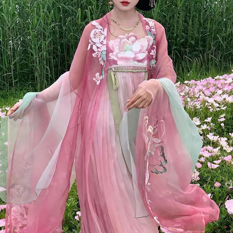 新しい刺繍入りスーパー妖精漢服女性のグラデーション唐製長袖シャツ柯子スカート日常衣装古代スタイル大蓮漢服|undefined