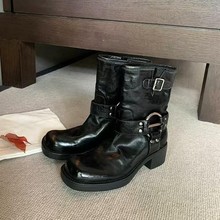 牛皮葡萄妈同款真皮复古金属扣粗跟西部短靴女朋克骑士靴子机车靴