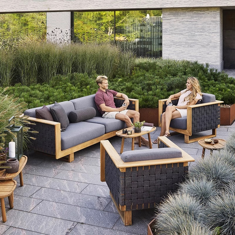 sofá de vid al aire libre patio oficina de ventas al aire libre impermeable muebles de protección solar hotel de vacaciones combinación de sofá de teca al aire libre
