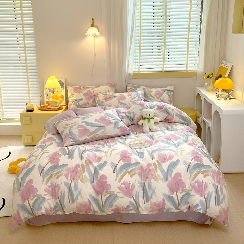 Algodón de cuatro piezas de ropa de cama de algodón 2025, nuevo edredón de flores frescas, sábanas de dormitorio de tres piezas de cuatro estaciones