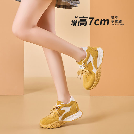 Inner Height 7cm De Training Shoes Women's 2025 Spring New Genuine Leather Small Thick Sole All-match Sports Casual Women's Shoes