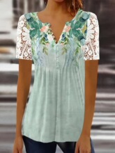 P 75051 Lace ruffled short-sleeve T-shirt ��˿���߶��� T ��