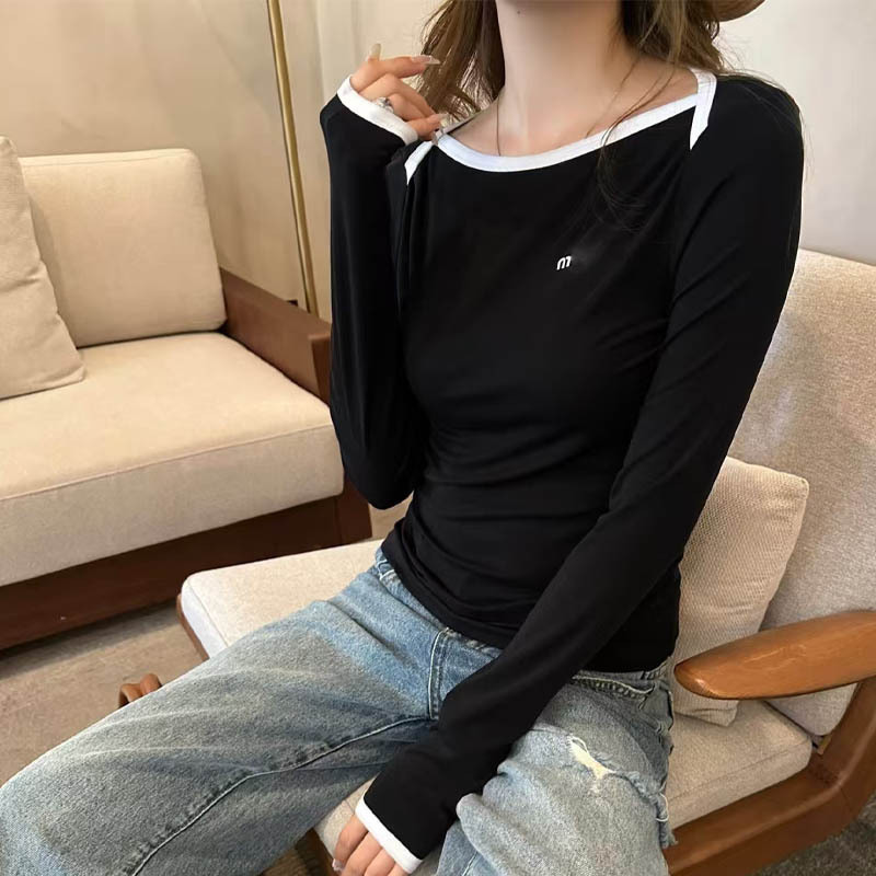 早秋新款胸前微标刺绣字母时尚百搭修身显瘦圆领长袖T恤女上衣女|undefined