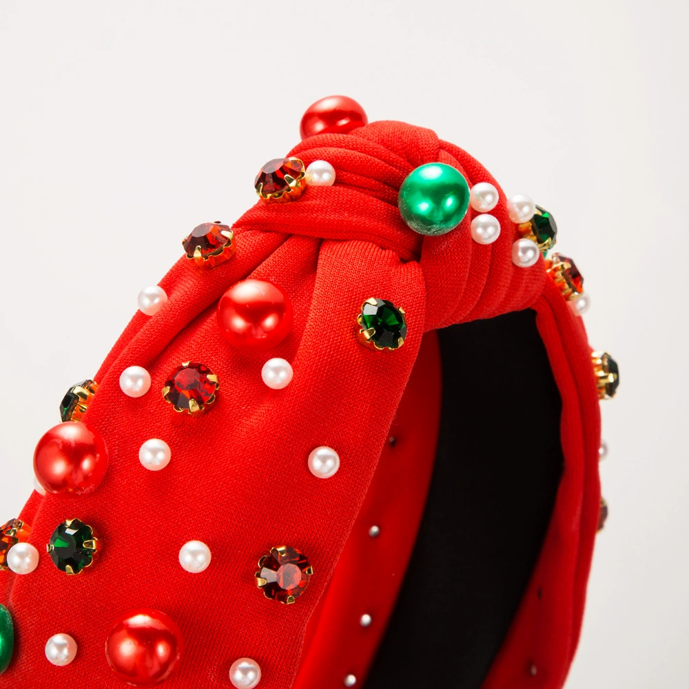 Hairband headband, European-style fabric with pearls, Christmas green/red, 15×13 cm, elegant knot