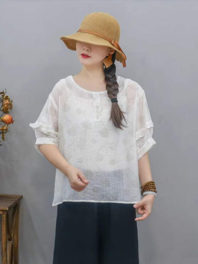 Transfronterizo 2025 primavera y verano nuevo estilo chino de ropa de mujer camiseta estampada mangas de linterna camiseta de mujer collar redondo literatura y arte image 2