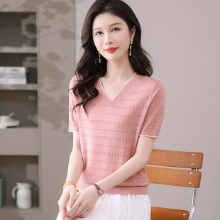 2025 Summer Style Knitted Tops with Heart-Shaped Collar, V-Neck Ice Silk Short-Sleeved Mom T-Shirt Tops for Women