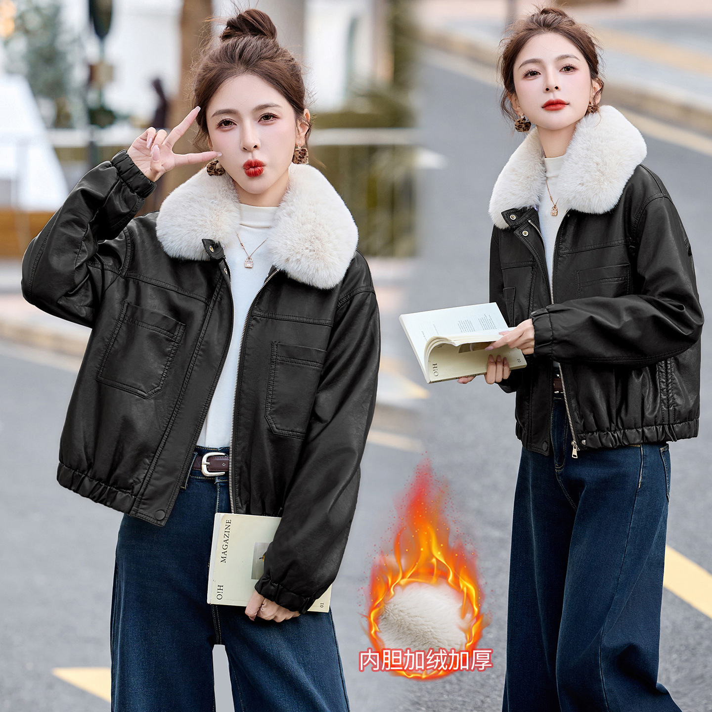 Good-Looking Elegant Fur Collar Genuine Leather Jacket for Women 2025 Winter New Style Fleece-Lined Warm Short Fashion Thick Jacket