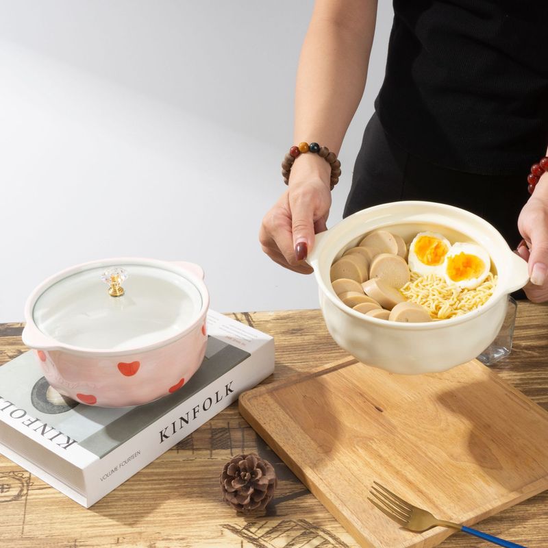 2024年陶磁器カップラーメン碗蓋付き学生寮インスタントラーメン碗ins風双耳大サイズスープ碗ナット粉|undefined