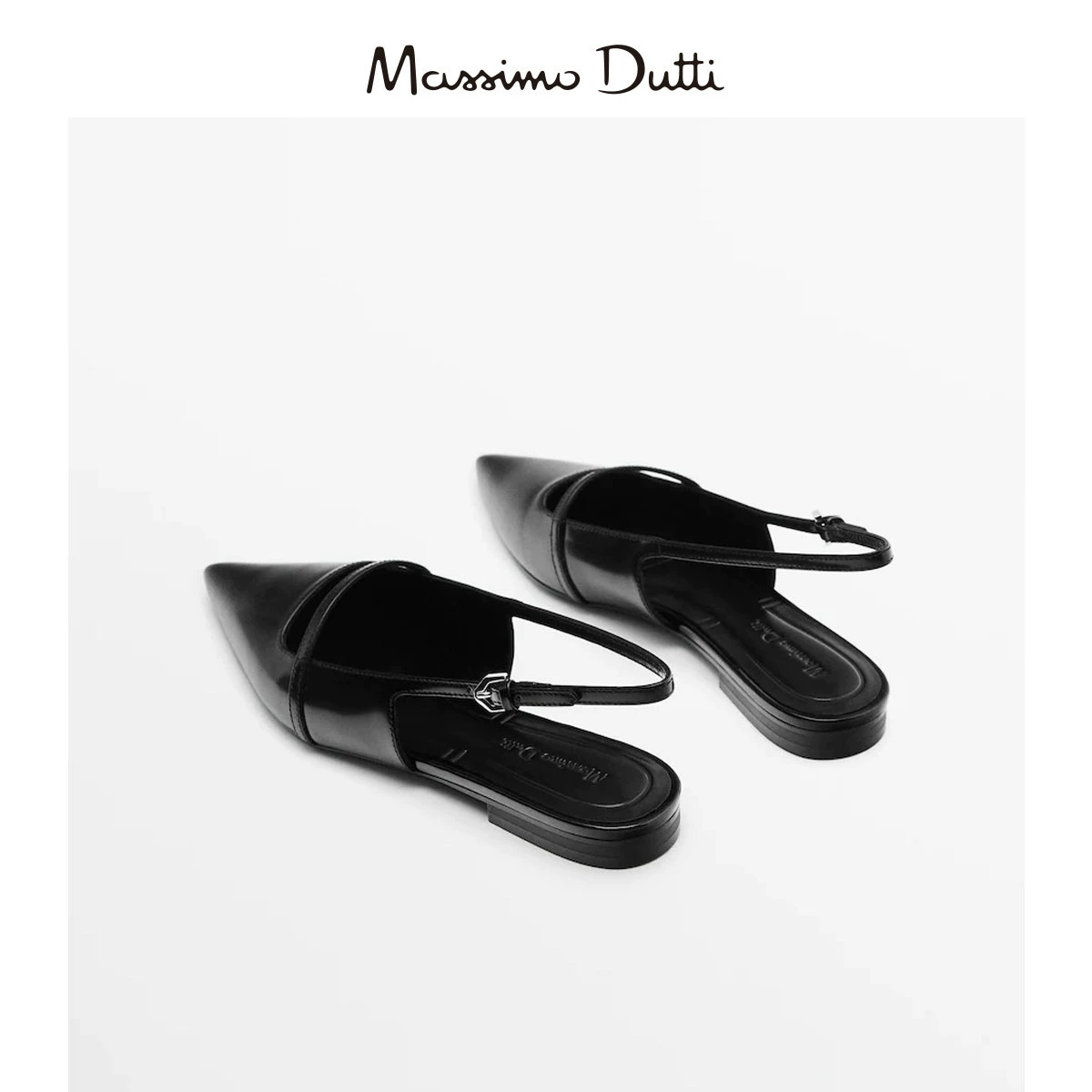 Sandals Massimo Dutti, genuine leather black, summer slingback flat
