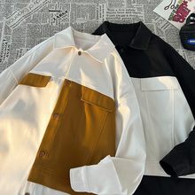 2023秋季男装新款男士港风大码拼接休闲长袖衬衫青年学生宽松衬衣