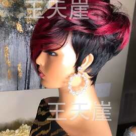 欧美假发  新款女士 厂家批发黑色渐变酒红色短发