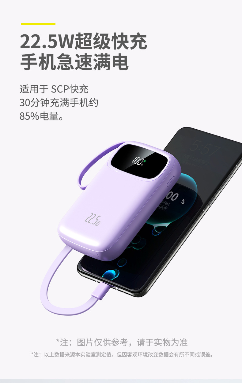 3C-Zertifizierung 22,5W Super-Schnellladung Mini-Powerbank mit integriertem Kabel 20000mAh Kapazität mobile Stromversorgung Blitzladung