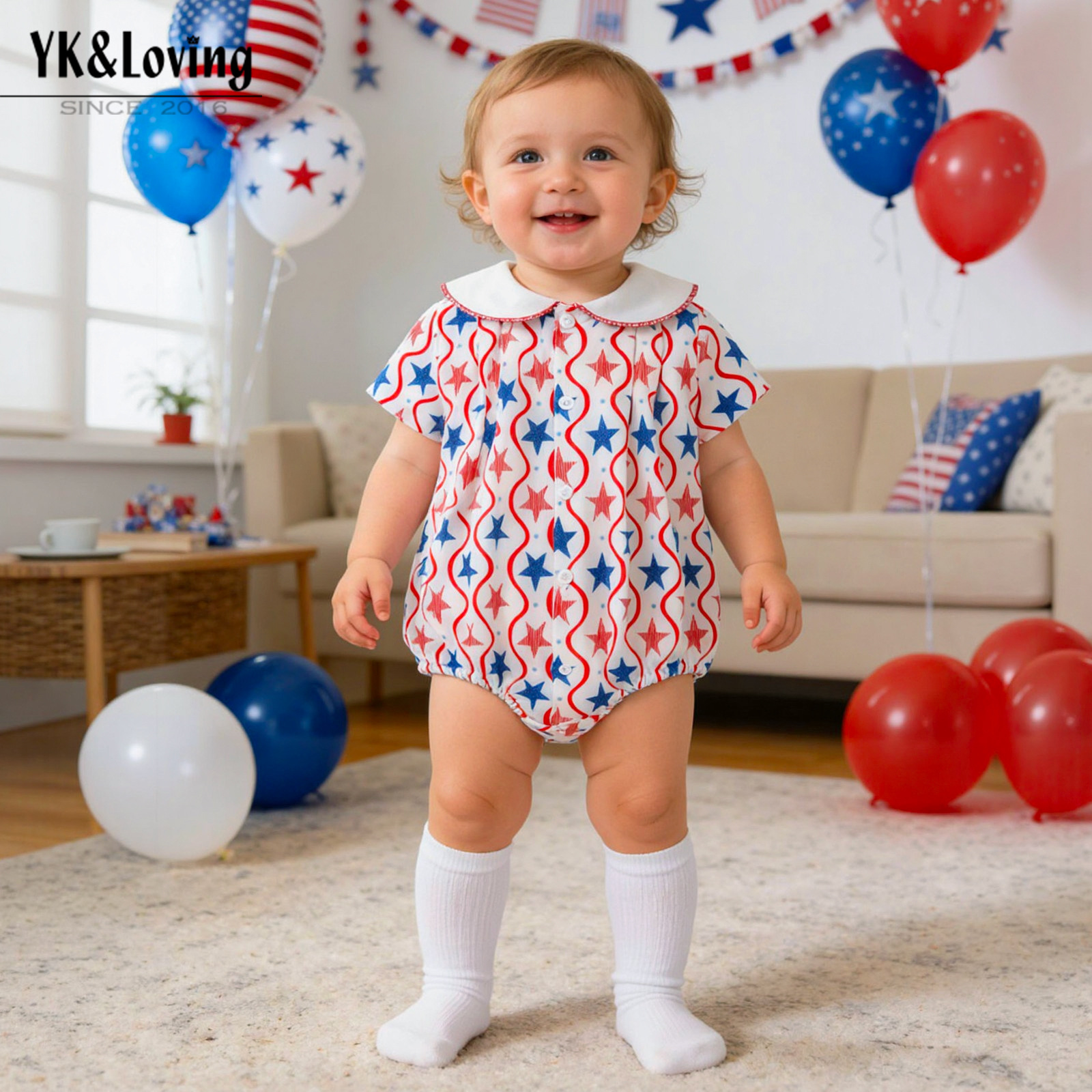 Cross-Border Baby Independence Day Star Print Romper with Doll Collar, Short Sleeves, Button-Up, Holiday Party Jumpsuit