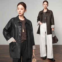 欧洲站海宁绵羊皮衬衫女美式复古潮流中长款真皮皮衣宽松全皮风衣