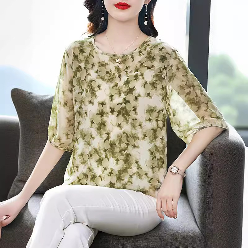 2025 New Summer Loose Mother's Wear Mid-Sleeve T-Shirt Western Style Short-Sleeved Middle-Aged and Elderly Chinese Style Thin Top T-Shirt