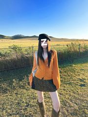 韩系氛围感早秋上衣镂空开衫橘色针织衫毛衣女别致修身V领打底衫