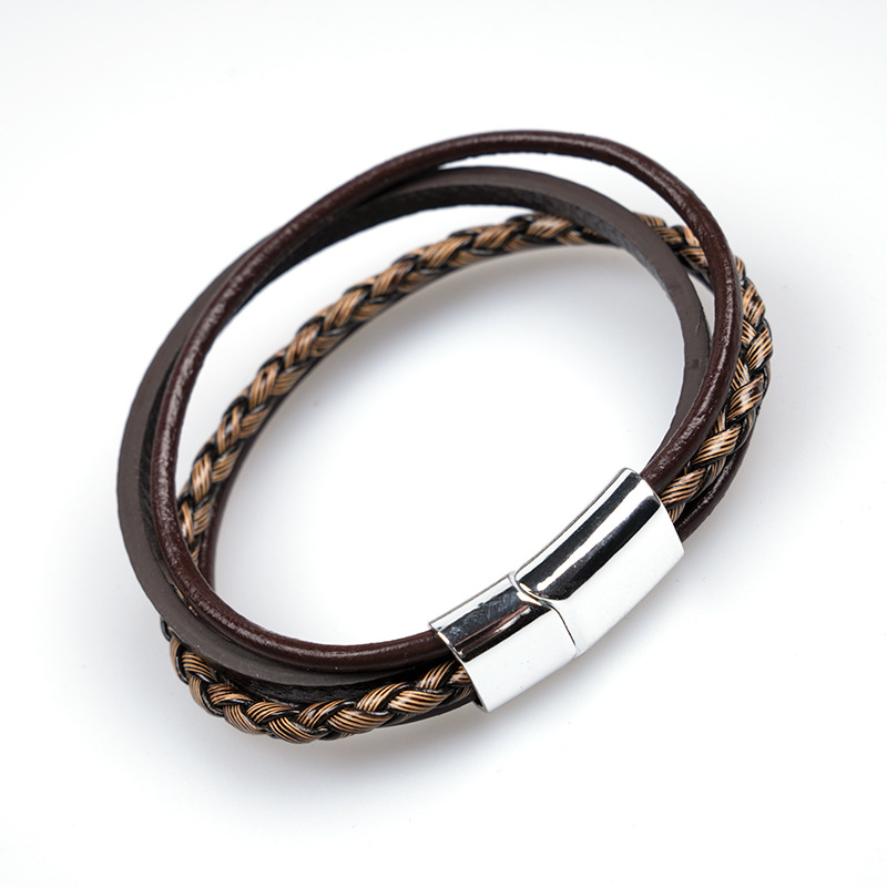 Leather Rope Chain Material 1 Piece Quantity Retro Punk Solid Color 304 Stainless Steel Pu Leather Men's Bangle Men Cord & Leather Bracelets
