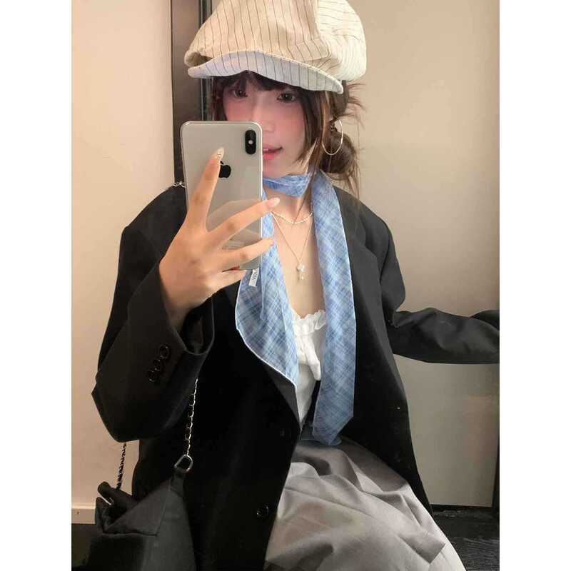韩系高级感蓝色格纹丝巾女长条薄款网纱系脖围巾百搭领巾飘带配饰|undefined