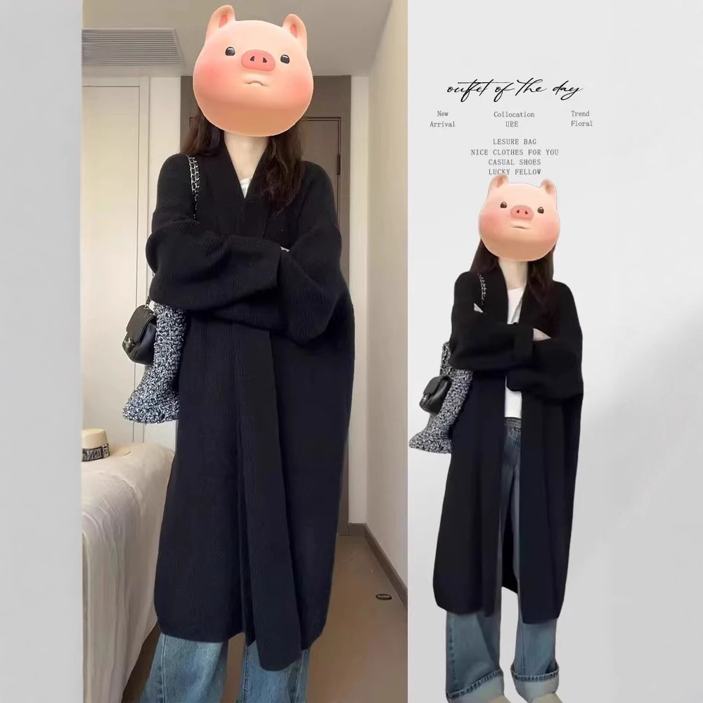2025 Early Autum New Black Long Sweater Jacket Knitted Cardigan Women's Spring and Autum Korean Style Lazy Style Coat