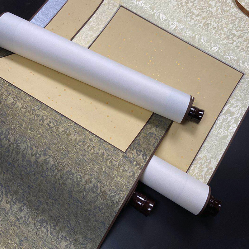 Full-twill mounted blank scroll antique half-ripe rice paper vertical shaft hanging shaft scroll calligraphy creation paper