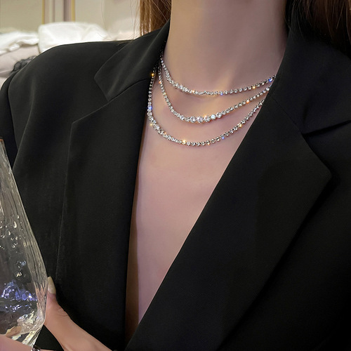 Retro style short diamond necklace for women, simple multi-layer plain clavicle chain, light luxury niche chocker neck necklace